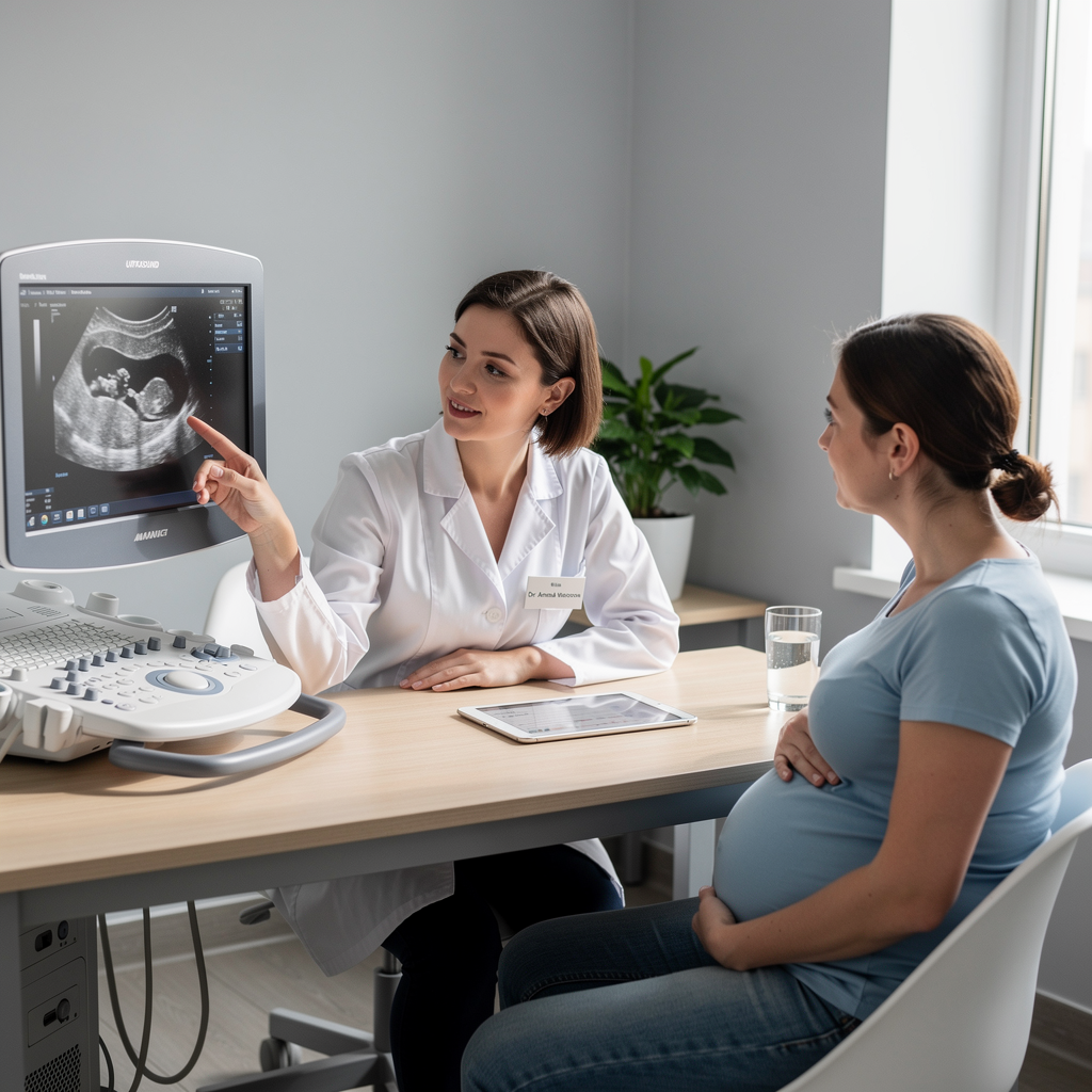 First trimester checkup – doctor with a pregnant woman